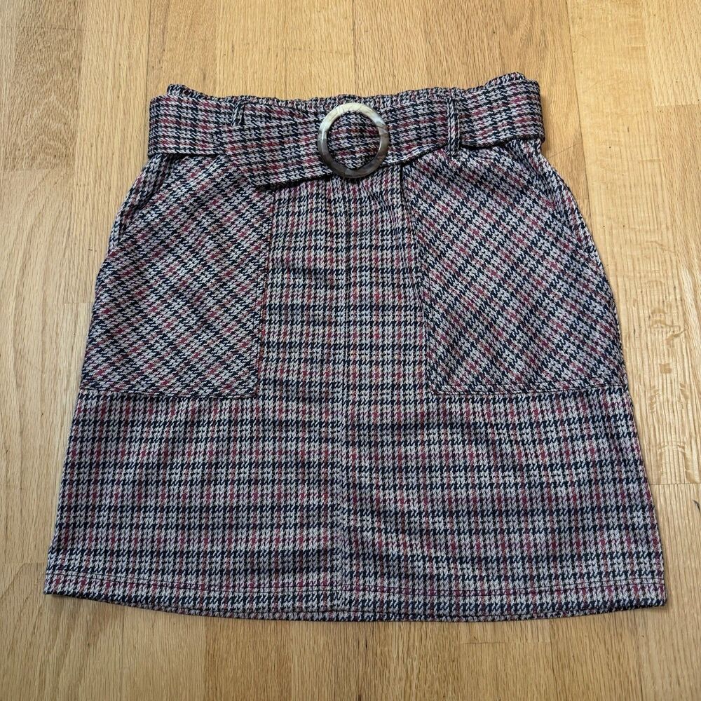 Altar'd State Plaid Tweed Mini Skirt Belted Buckle Pockets Multi M Fall Autumnal
